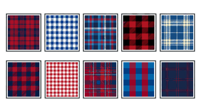 Collection of various plaid and checkered fabric patterns in different colors