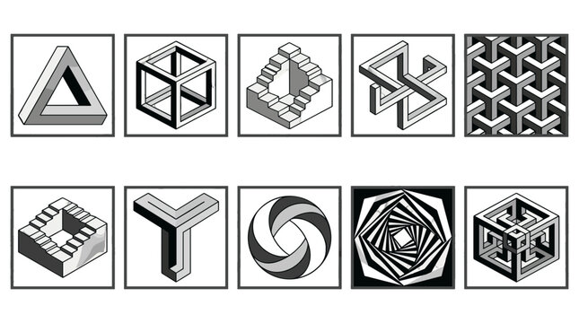 Collection of geometric 3d shapes and abstract patterns
