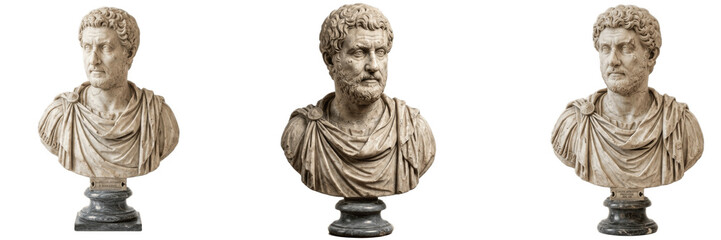 Fototapeta premium A set of classical roman bust PNG statues in marble tones on pedestals for museum posters, history projects, academic presentations and elegant interior collages