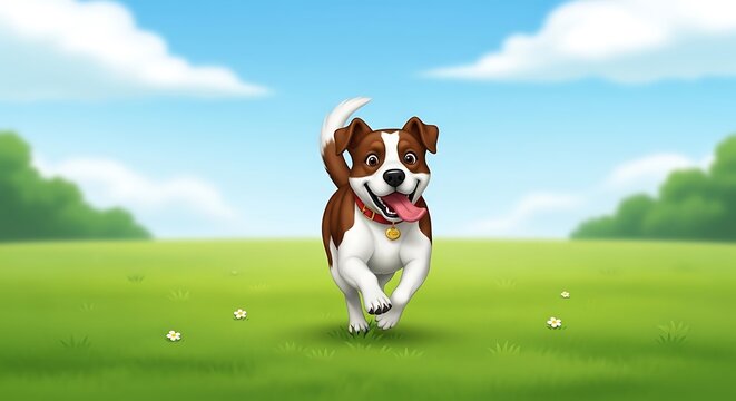 Energetic dog running across green field under blue sky cartoon illustration