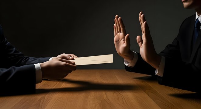 Businessman raising both hands to strongly reject a bribe envelope in shadow, symbolizing absolute corporate integrity and compliance