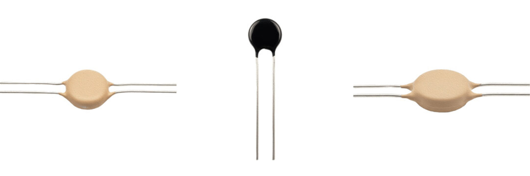 Thermistor PTC electronic hardware component specimen showcasing solid state physical morphology traits, microelectronics electrical network topology parameters, architectural circuit schematic plan