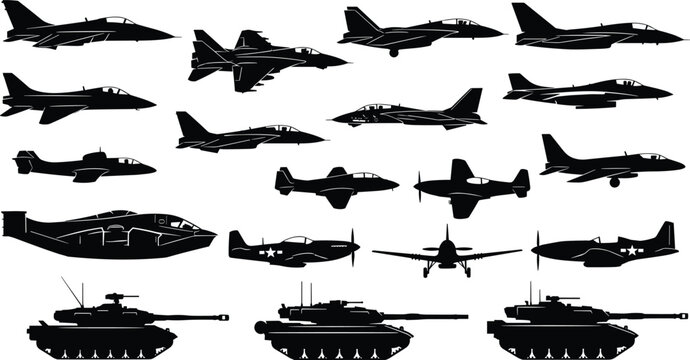 Military Aircraft and Tank Silhouette Vector Collection with Fighter Jets, Bombers, Propeller Planes, and Armored Combat Vehicles