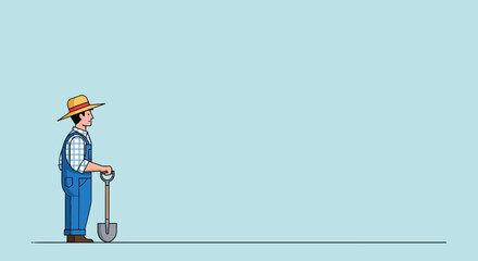 Farmer with shovel standing on light blue background, illustration © adi