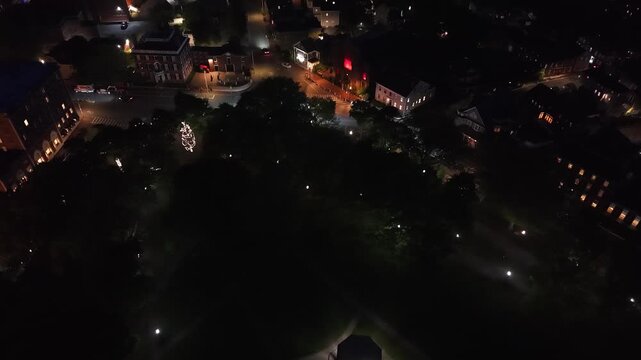 Salem MA Night Drone Video: 360 View of Historic City, Witch Trials Memorial, Harbor & Downtown Lights. Atmospheric New England Aerial Stock Footage, Massachusetts Coastline & Haunted Cityscape at Nig