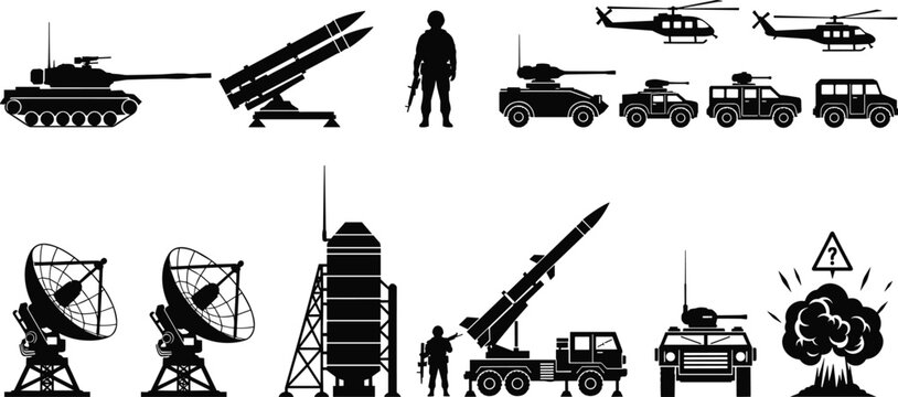 Military Warfare Silhouette Vector Collection with Tanks, Missile Launchers, Helicopters, Radar Systems, Armored Vehicles, and Defense Equipment