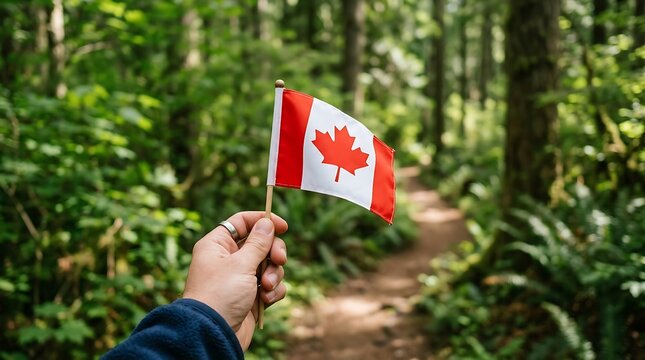 Hand Holding Canadian Flag on Forest Trail for Canada Day Celebration