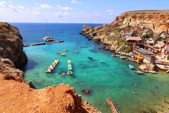 PRAJET BAY ANCHOR BAY MALTA: Popeye or Sweethaven Village, is a purpose-built film set village that has been converted into a small attraction fun park of a collection of rustic wood houses