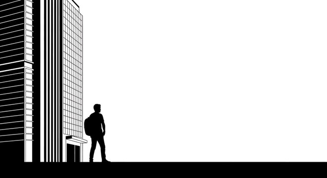 Silhouette of a person with a backpack standing before a tall modern building, looking into a vast empty space.