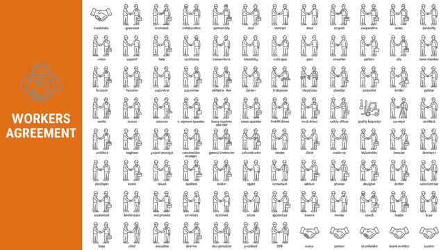 100 editable icons sets of  Construction Worker Agreement Icon Set Professional Industrial Handshake Partnership Labor Union Contract Symbols , jpg, Ai, EPS, icons set illustration.