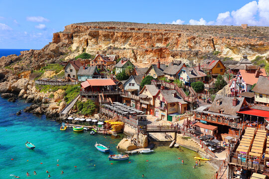 PRAJET BAY ANCHOR BAY MALTA: Popeye or Sweethaven Village, is a purpose-built film set village that has been converted into a small attraction fun park of a collection of rustic wood houses