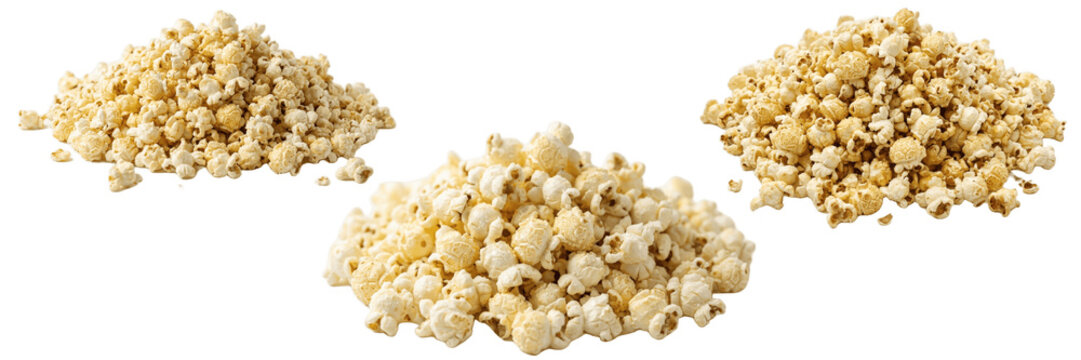 A set of fresh popcorn pile PNG snacks in fluffy golden kernels for cinema posters, movie night flyers, concession stand menus and fun party invitation designs

