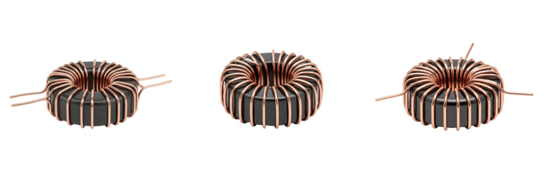 Toroidal inductor electronic hardware component specimen showcasing solid state physical morphology traits, microelectronics electrical network topology parameters, architectural circuit schematics