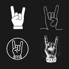 Fototapeta premium Rock and Roll Hand Gesture Icons Set. Collection of Devil Horns Hand Signs in Flat, Continuous Line, and Engraved Vintage Styles. Music, Concert, Heavy Metal Symbols.