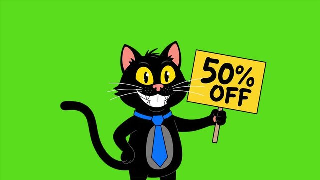 Cartoon Black Cat Character Wearing Blue Tie Holding 50 Percent Off Sale Sign Board, Isolated Green Screen and White Background Loop Animation