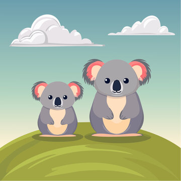 Cute Cartoon Koalas on a Hill