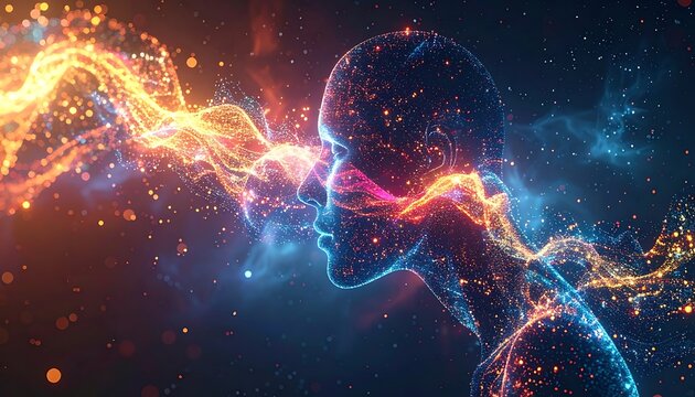 Digital human face with glowing neural network.