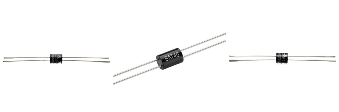 Schottky diode electronic hardware component specimen showcasing solid state physical morphology traits, microelectronics electrical network topology parameters, architectural circuit schematic plan
