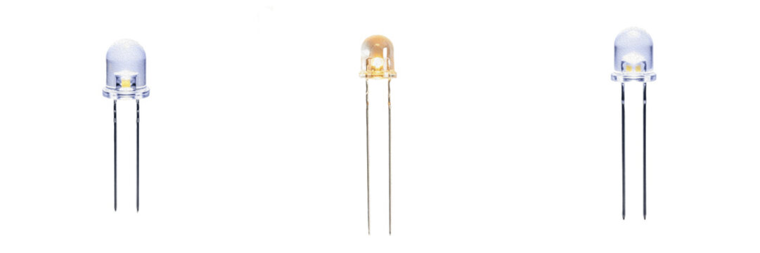 Light emitting diode LED electronic hardware component specimen showcasing solid state physical morphology traits, microelectronics electrical network topology parameters, architectural circuit layout