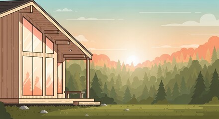 Obraz premium Modern Wooden Cabin in Coniferous Forest at Sunset Scenic Flat Vector Illustration for Outdoor Living and Nature Retreat Concepts