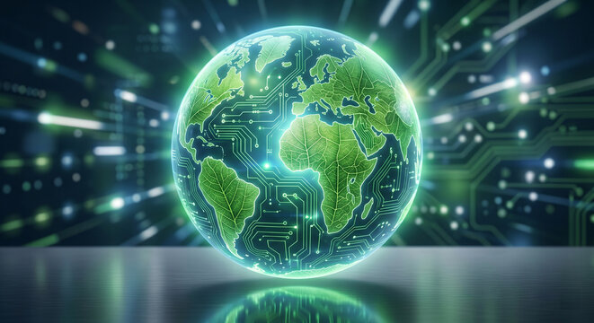 Abstract Digital Globe Blending Circuit Board Patterns and Green Leaves