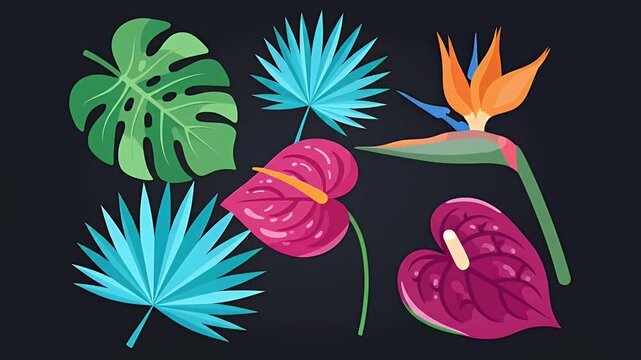 Vibrant tropical foliage and flowers in stylized graphic art style