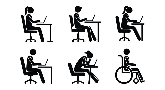 Person at desk silhouette icons various poses and accessibility