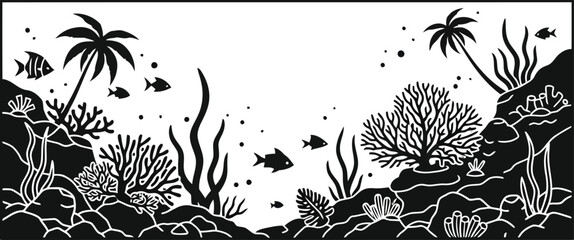 Black and white underwater coral reef scene with tropical fish, sea plants and marine silhouettes © SAIF820