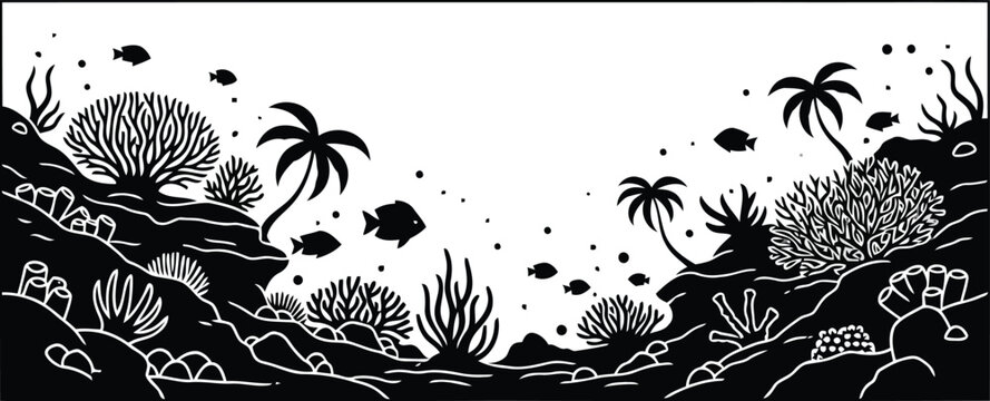 Black and White Tropical Beach Landscape with Palm Trees and Ocean Waves Illustration
