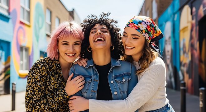Three diverse female friends laughing and hugging in a vibrant urban alleyway.