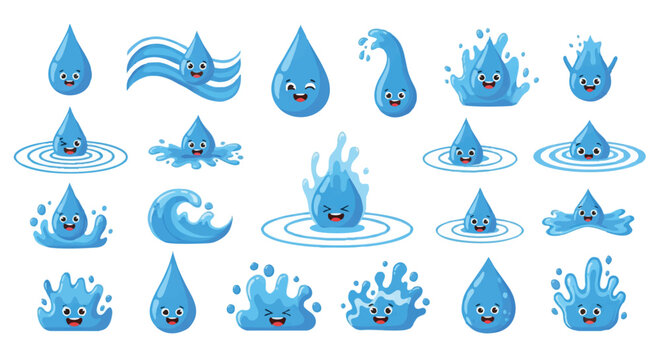 Cute water drop characters with smiling faces splashing and rippling