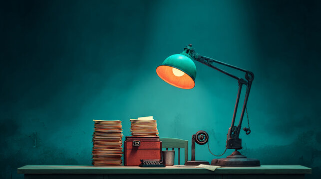 Vintage office desk with green lamp, stack of documents, typewriter, retro phone, moody lighting