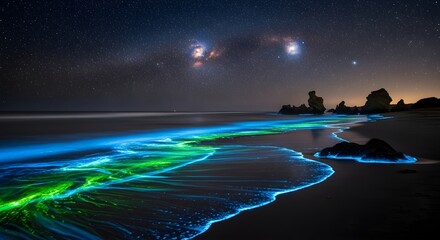 Fototapeta premium Bioluminescent waves crash on a dark beach at night with stars