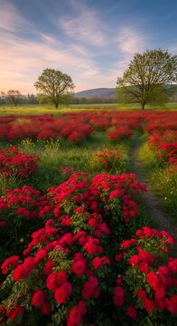 Stunning vibrant field of red roses under a beautiful golden sunset sky.