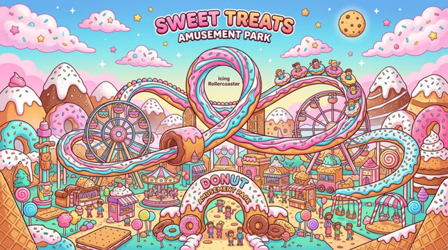 Colorful candy themed amusement park with donut shaped rides icing rollercoaster and whimsical sweet treats decorating a playful landscape