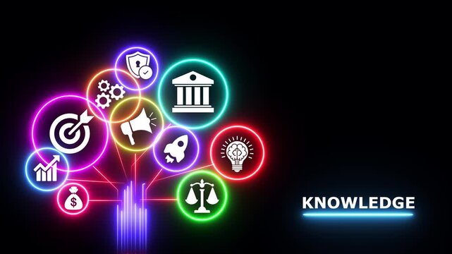 Neon tree infographic with various business icons glowing in dark black background.