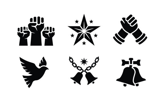 Collection of six black and white icons featuring hands stars dove and bells on white background
