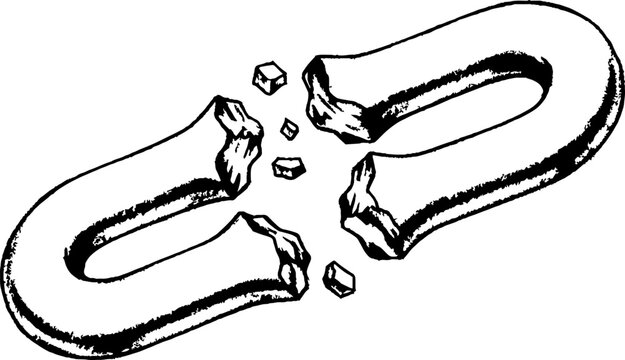 Broken metal chain link showing release and failure