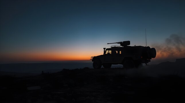 Silhouette of a military tactical light utility vehicle with a roof mounted machine gun on a desert ridge during a dramatic twilight sunset sky combat readiness concept