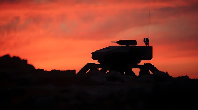 Silhouette of a modern unmanned ground vehicle military robotic tank navigating a rocky terrain during a dramatic orange and red sunset sky defense technology concept