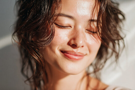 Young woman smiling with closed eyes in soft morning light, natural skin texture, freckles, short wavy hair, serene expression