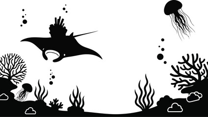Underwater Ocean Silhouette with Shark, Jellyfish, Coral Reef and Marine Life in Black and White © SAIF820