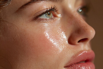 Naklejka premium Young woman close up skin glossy finish bright reflection on cheek and lips with natural freckle texture and soft light emotional gaze