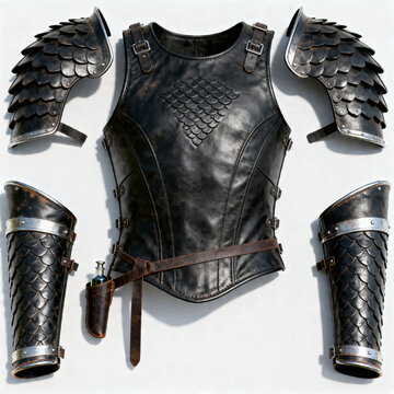 Fantasy leather armor set with pauldrons and gauntlets displayed on white background