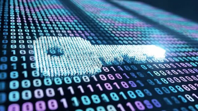 A digital representation of a map on a background of colorful binary code