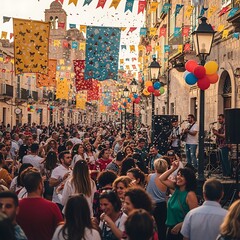Obraz premium Vibrant street party with crowd dancing under colorful decorations.