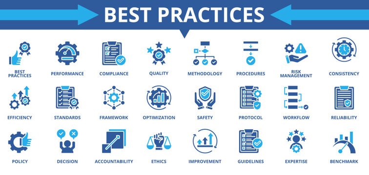 Best practices icon collection set. Containing compliance, performance, safety, methodology, expertise, risk management, ethics, efficiency icon. Simple flat vector