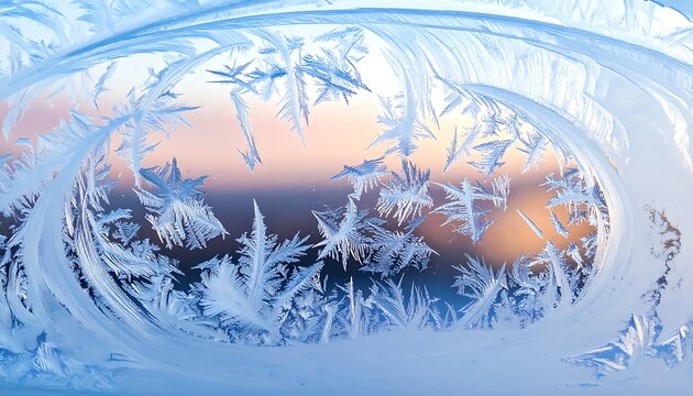 Frozen window with frosty patterns outside.