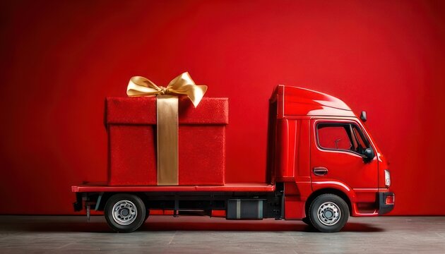 Festive Red Truck Delivering a Giant Gift Box for the Holidays.