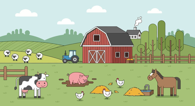 Farm Animals and Tractor in Rural Landscape with Barn